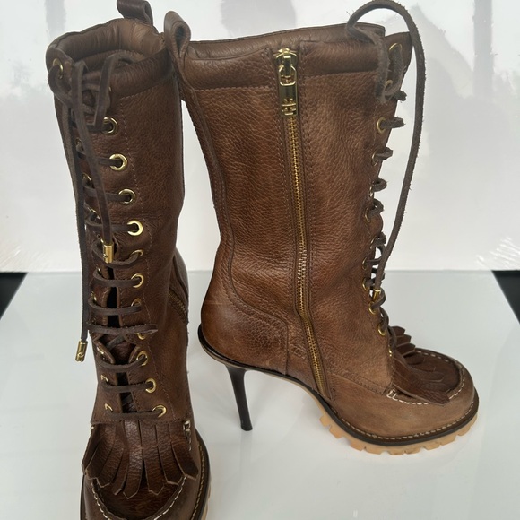 Tory Burch Trigg Brown Leather Rugged Stilleto Heel Kiltie Fringe Boot Size 9. - Picture 3 of 7